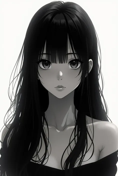  long black hair girl anime style 2d to black and white