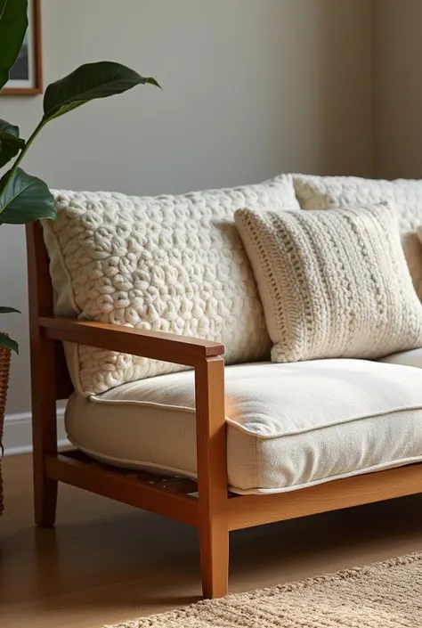 Create a comfortable sofa, with wood and upholstery made of knitting or crochet that resembles a grandmother&#39;s sofa, a sofa that is also very modern. Make the upholstery look like knitting or crochet and make sure the wood is not too thick., make it a ...