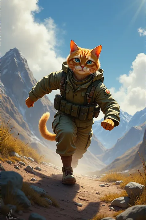 A dynamic scene of Sam, the soldier cat, in action on a battlefield. He is in his military uniform, moving with courage and focus. The background shows a rugged landscape with a mix of mountains and clouds, emphasizing the intensity and determination of Sa...