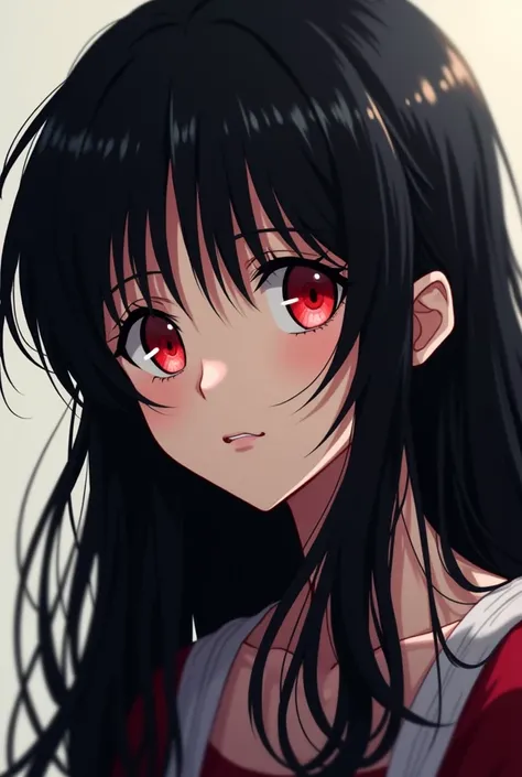  red eyed girl, long black hair 2d anime style 