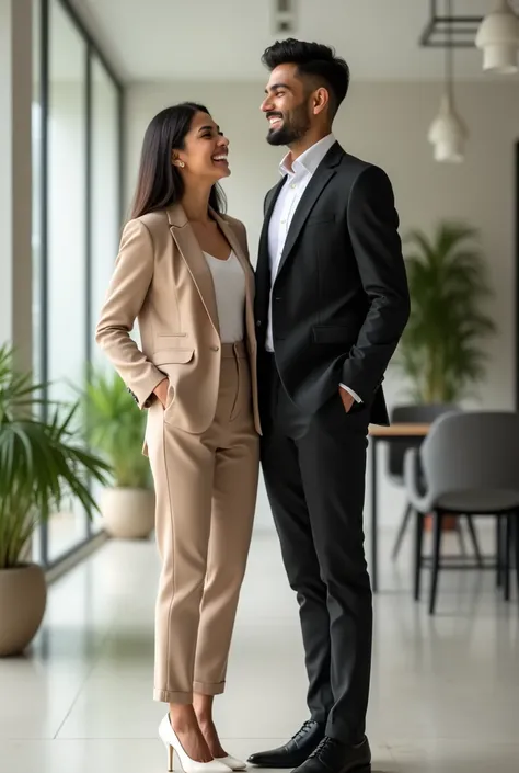 A successful 20 year old Indian female professional with white skin tone, straight shoulder length hair wearing a beige blazer and beige trouser with white heels, laughing with her 20 year old handsome Indian boyfriend with white skin complexion, silky sho...