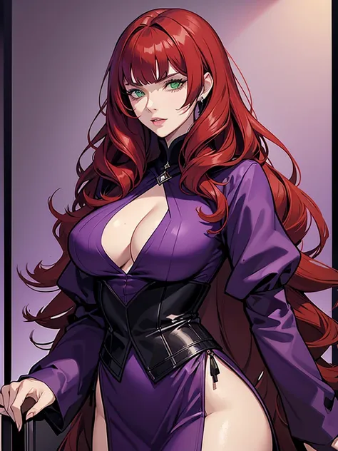 green eyes, red hair with long bangs, noble. sadistic women, wavy long hair. strong woman. purple outfit. she quiet. wear purple and black outfit. background in luxury mansion. dominant woman. mafia. mature woman. girl boss