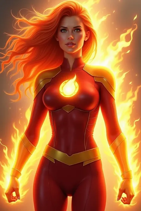 Nova Blaze is a courageous and kind-hearted superhero, always driven by her strong sense of justice. She has fiery red hair that looks like it’s made of flames, and her skin has a soft golden glow. She wears a red-and-gold costume with a flame emblem on he...