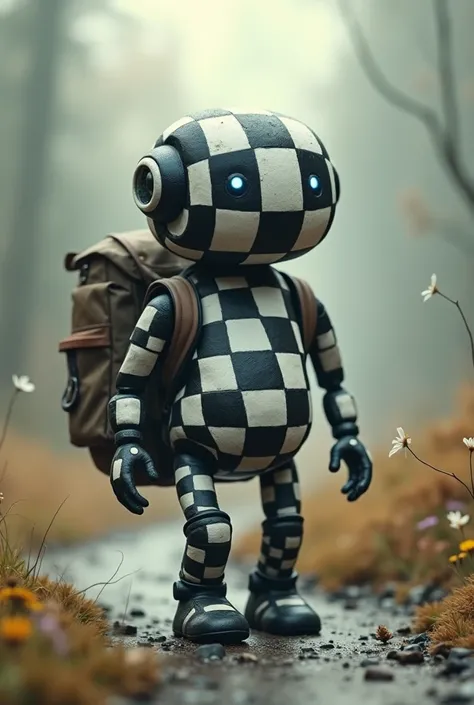 A LIVING CHESSBOARD, with a backpack because he is going on a trip.