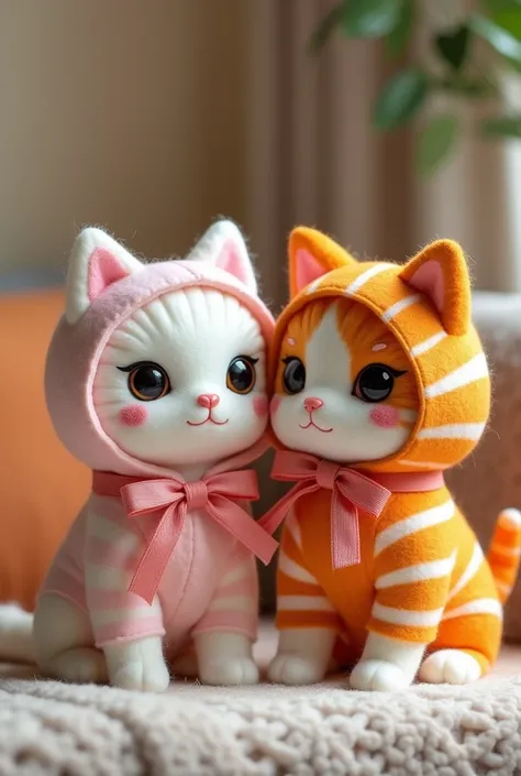 Felt plushie, 2 cats, a white cat with pink stripes, and an orange cat with white stripes, wearing hoodies and ribbons around their necks.