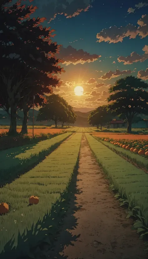 Masterpiece 8k Studio ghibli cozy road 
  noon 
  Masterpiece 8k Studio ghibli cozy middle of a field under trees with orange fruits. A serene landscape of a grass field under a serene sky with heavenly clouds. shadow, serene night natural light lighting!!...