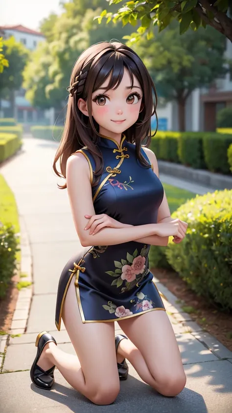 Girl mid hair Brown hair brown eyes Blue matching Smile confidently Correct limbs, black cheongsam, outdoor path background, kneeling 