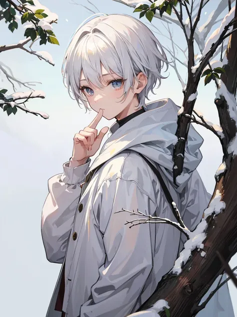 1boy, short white hair, brown eyes, detailed eyes, tree background, snow, simple clothes