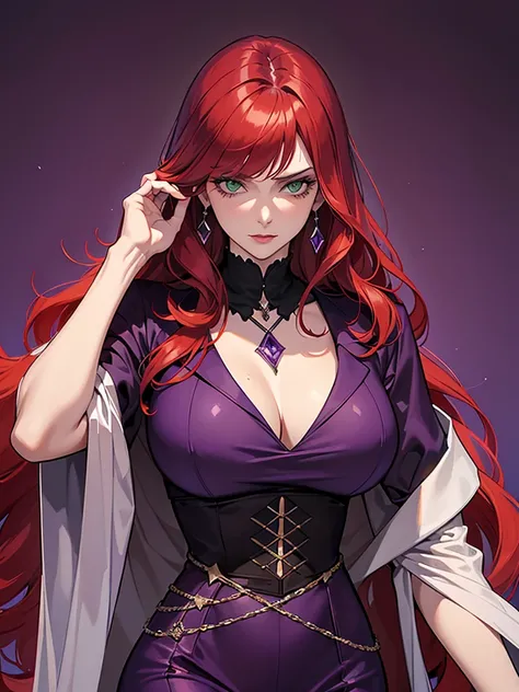 green eyes, red hair with long bangs, noble. sadistic women, wavy long hair. strong woman. purple outfit. she quiet. wear purple and black outfit. background in luxury mansion. dominant woman. mafia. mature woman. girl boss. noble woman