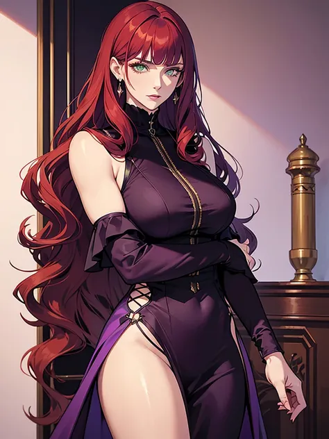 green eyes, red hair with long bangs, noble. sadistic women, wavy long hair. strong woman. purple outfit. she quiet. wear purple and black outfit. background in luxury mansion. dominant woman. mafia. mature woman. girl boss. noble woman