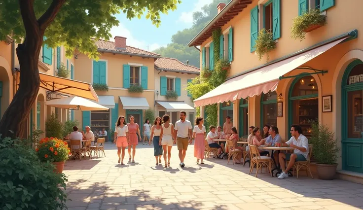  Group of people walking through a square in Provence. In the background you can see a café, restaurant, etc. Noon. Style by David Hamilton.