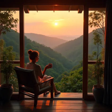 A guest sitting on a villa terrace, holding a coffee cup, gazing at a vibrant sunrise over a dense forest. Soft morning light, tranquil atmosphere, shot with a 85mm lens, warm tones, high detail