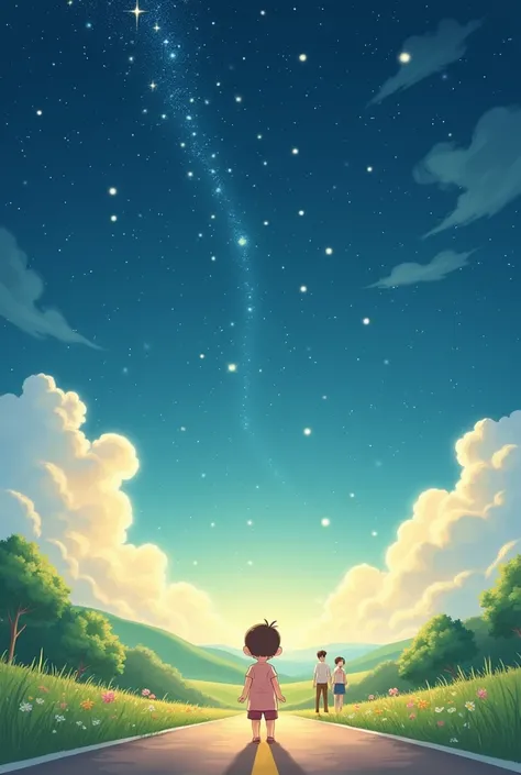 A child stands on a sunny road，Look up at the twinkling stars in the sky，Parents watched with a smile not far away，Cartoon，可爱Cartoon，可爱Cartoon风格，maternal love，Cute illustration，Clean anime art，Simple background