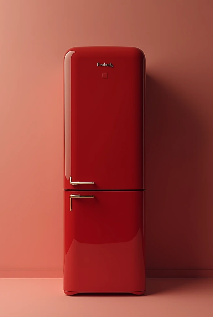 Create an image of a Peabody brand refrigerator with very subtle and minimalist details in red with the frizzer on top