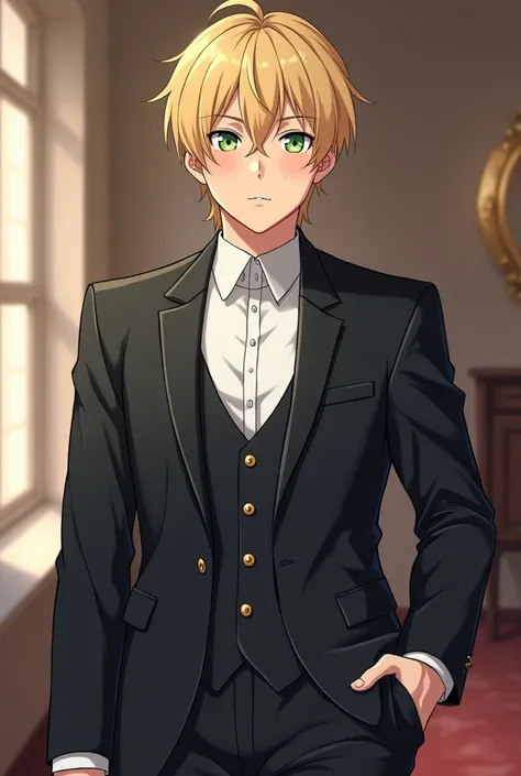 anime style A boy with blond and medium hair, green eyes, nordic look teenager face, a snub nose, medium eyebrows, atrong body but not define, 1,63cm tall. With buttler suit
