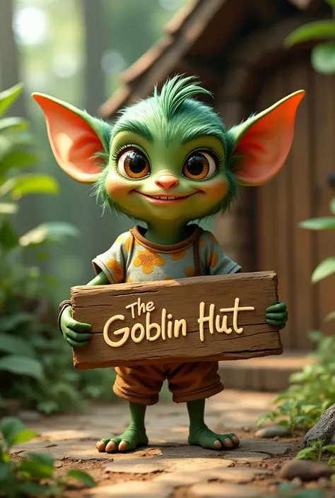 Cute Goblin wearing a amine print tshirt holding a wodden board written the goblin hut for logo of t shirt brand 