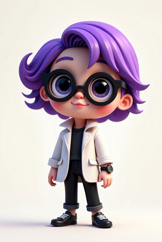 Cartoon doll with purple hair, glasses on a round black face, white jacket, black pants, black shoes with a watch on her arm