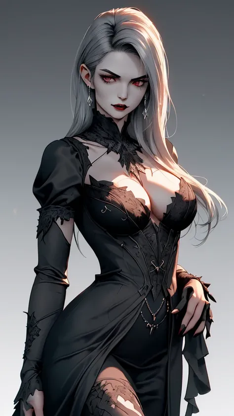 Create a semi-realistic, stylized image of a female vampire with a slender body, pale skin and long black hair. She stands in an imposing and captivating pose, with a powerful and seductive expression. She wears a dark gothic dress with silver details and ...