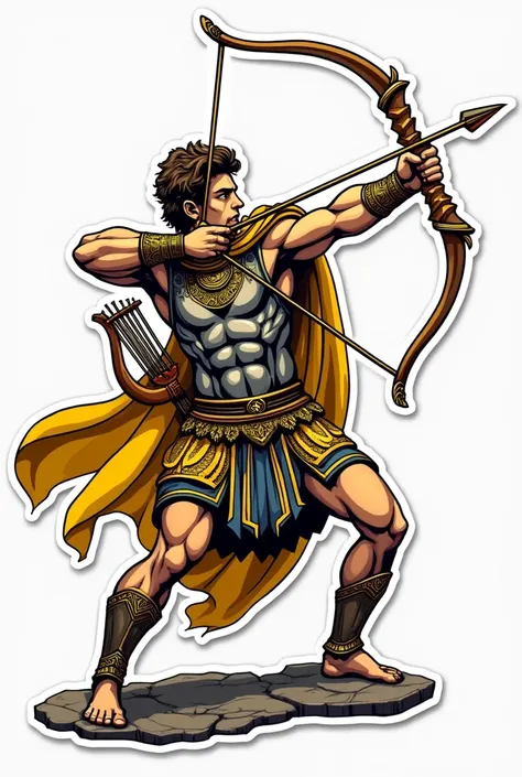 Apollo in an armour, firing a bow and arrow .Make his face a little fierce.  No background. Sticker style. With touch of color yellow. Just show half his body. It has bold outline. He is holding a lyre also.