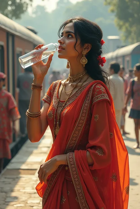 A beautiful girl from rajasthan natasa has drinking water at railway station and also at airport