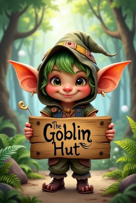 Cute baby Goblin holding a wooden board written the goblin hut for logo of t shirt brand 