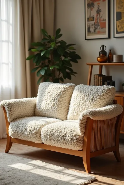 Create a modern sofa,those that resemble a grandmother&#39;s sofa and all the upholstery has a knitted or crocheted look, the wood on this sofa must be small, but you have to make wood Make the upholstery more knitted and fluffy Use this same model and cre...