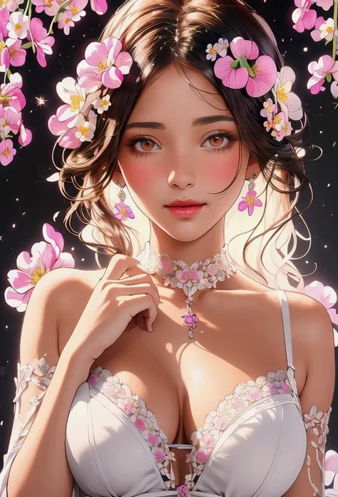 Convert your flower art into a hand-drawn illustration.、Create backgrounds with vibrant colors and unique touches　The type of flower is statice、Gypsophila、sweet pea、Mix in some lace flowers, arms behind back, portrait, face portrait, big breasts, cleavage,...