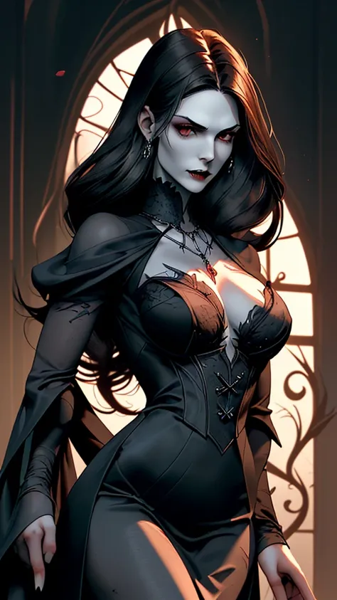 Create a semi-realistic, stylized image of a female vampire with a slender body, pale skin and long black hair. She stands in an imposing and captivating pose, with a powerful and seductive expression. She wears a dark gothic dress with silver details and ...