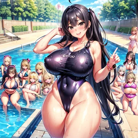 Ultra HD、Ultra-high resolution、Noise Reduction、perfection、Image quality adjustment、balance change、Optimal Lighting、Minor fixes、Detail correction、((10 girls、high school girl、Gravure idol:1.8))、((Super sexy super high leg swimsuit:1.5))，、((Big Ass、Thick legs...