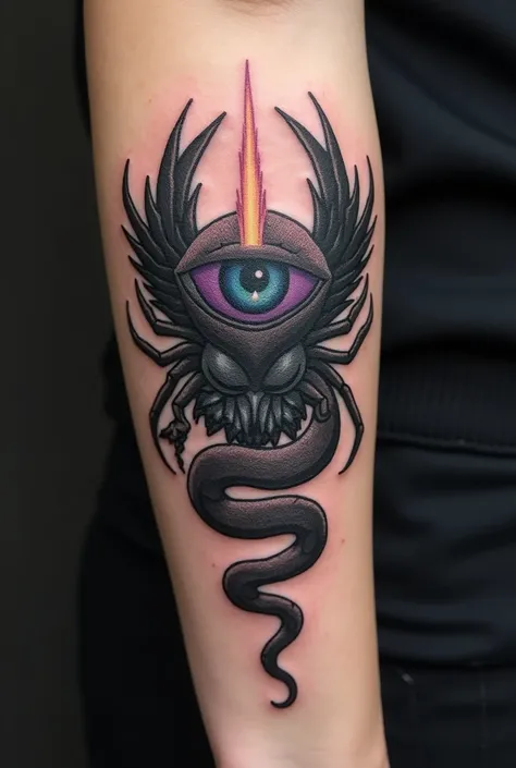 small tattoo with few details, that serves as protection, health and luck.  A hybrid of a crow, a snake and tarantula, black and grey, Right gray heterochromatic eyes with purple on the left