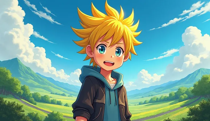 Panoramic anime boy with yellow hair