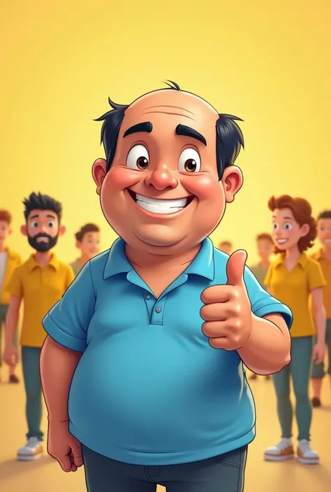 Imagine a cartoon man of approximately (40 year old), with a slightly corpulent body. He is “bald” on top of his head, but has black hair on the sides, without anger. He is wearing a blue polo shirt, and the bottom of the shirt is a little loose. He is smi...