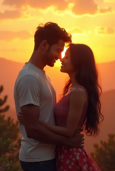 A 20 year old beautiful Indian girl with white skin tone, shoulder length black hair with her 20 year old tall handsome boyfriend, 8 inches taller than her, with toned muscles hugging and making her laugh with sunrise in background 