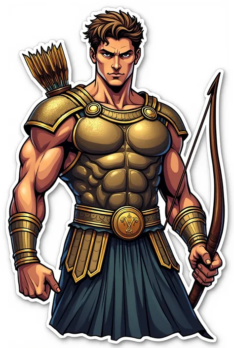 Apollo in an armour, firing a bow and arrow .Make his face a little fierce.  No background. Sticker style. Just show half his body. It has bold outline. He is holding a lyre also. He is facing to the front.