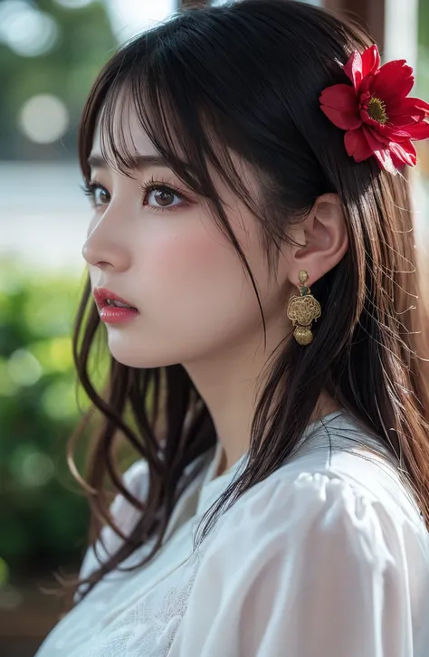 (good structure),high dynamic range,ultra high definition,8k,1girl,Chinese Yi ethnic clothing, blurry, earrings, holly, jewelry, lips, lipstick, profile, red flower, solo, strawberry hair ornament, upper body, wreath