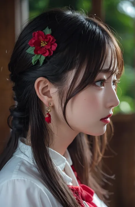 (good structure),high dynamic range,ultra high definition,8k,1girl,Chinese Yi ethnic clothing, blurry, earrings, holly, jewelry, lips, lipstick, profile, red flower, solo, strawberry hair ornament, upper body, wreath