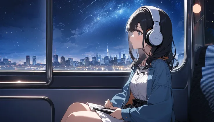 A young beautiful woman with long black hair wearing a cute outfit, sitting on a train, headphones on, listening to music, cityscape outside the window, starry night sky, Japanese setting