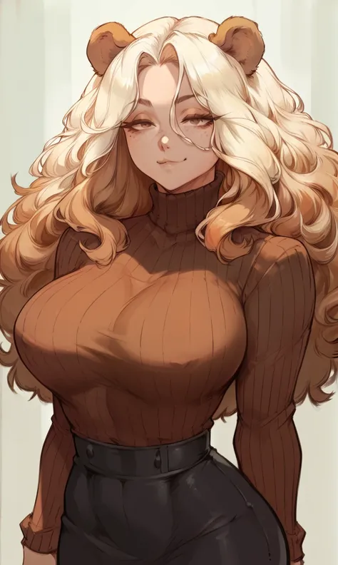 Brown long fluffy hair, fluffy hair, bear ears, bear, big breasts, attractive, turtleneck sweater, turtleneck, thicc body, thicc, freckles, freckles on face, neutral expression, smug eyes, bored eyes, skirt, black skirt