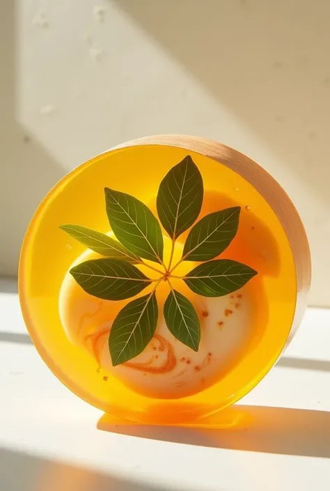 Create a transparent copper-colored soap shape with a circle of kaffir lime leaves, coconut oil, turmeric, and rice milk.