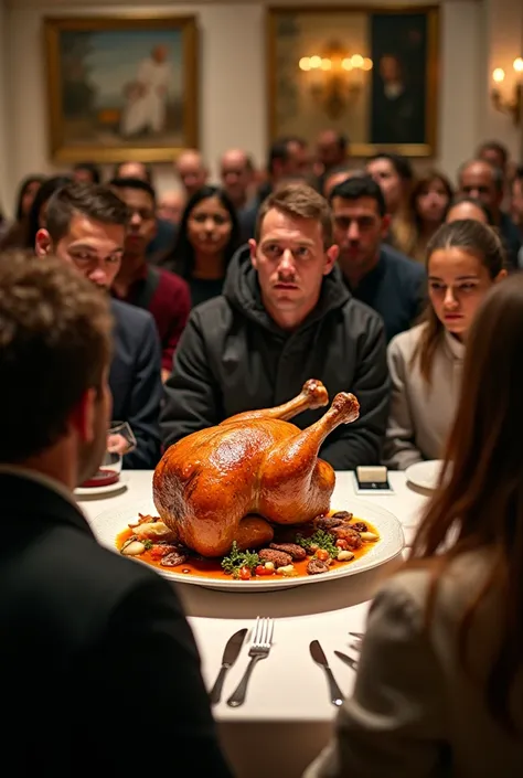  In an art gallery that looks like a high-end restaurant, instead of a traditional sculpture, There is a piece of roast meat placed on a plate. The meat is surrounded by many spectators who look at it with curiosity.. 