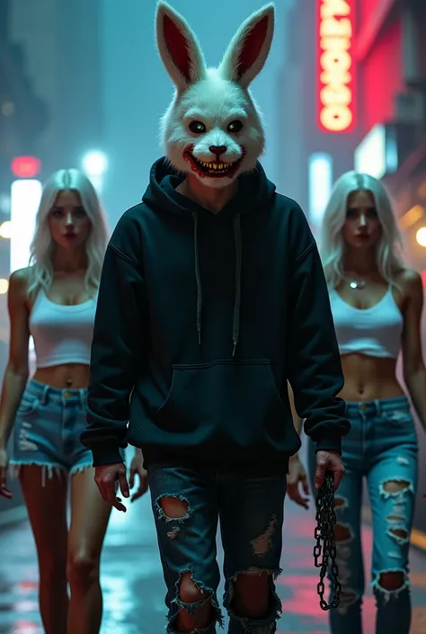 lizoldBS_soul3142, 1 male, furry White bloody rabbit mask with creepy smile and yellow bloody teeth, completely Black torn hoodie, 2 White hair females , wearing short jeans and White tank tops, standing in the city street at night, neon lights in the back...