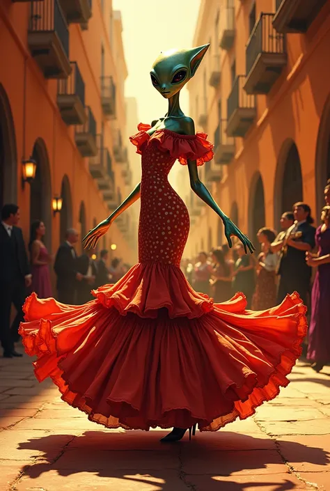 Generates an alien dressed as a flamenco dancer with polka dots, dancing and in a flamenco place