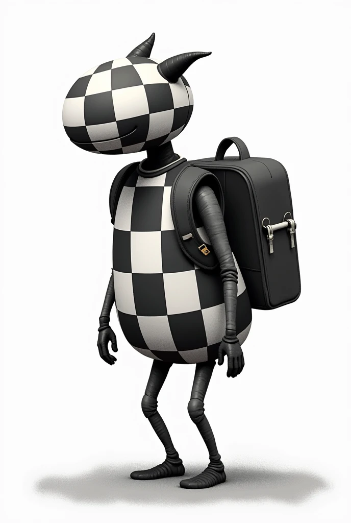 A LIVING chessboard. Make it SQUARE, black and white, que is going on a trip. It has arms and legs, is alive. Carry a backpack, is going on a trip.