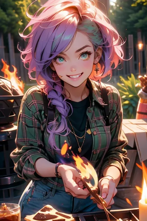 Perfect face. Perfect hands. A light purple haired woman with green eyes with an hourglass figure in a plaid shirt and ripped shorts is smiling while making smores by a fire pit at night
