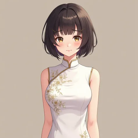 A  anime girl with neatly styled, short hair. She is wearing an elegant white cheongsam that features a classic design with intricate embroidery and a cut that accentuates her youthful grace in a sophisticated manner. The outfit strikes a balance between t...