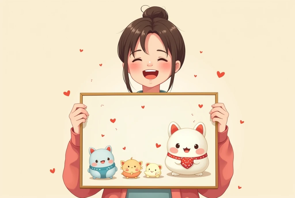 Holding a painting and smiling happily，Shining with pride，Cartoon，可爱Cartoon，可爱Cartoon风格，maternal love，Cute illustration，Clean anime art，Simple background