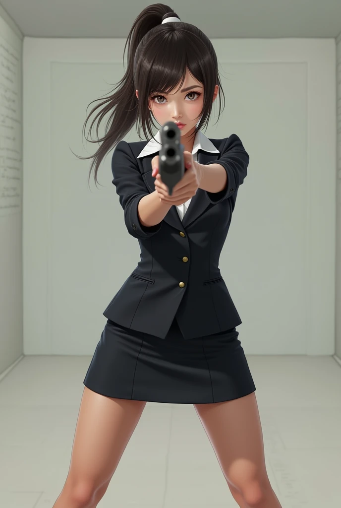 real person realistic beautiful sweet big eyes japanese flight stewardess mini skirt standing stance legs open wide spreading full portrait holding rifle gun pointing at you front facing aiming at you shooting range sexy legs
