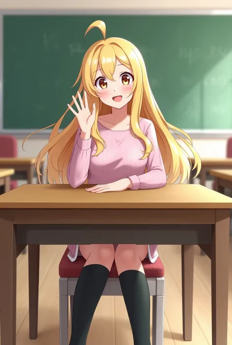 create a picture of a girl sitting in a school and waving friendly at me. She is wearing long black socks and has long blonde hair