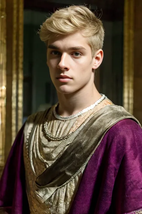 portrait of a handsome young man, roman emperor, blond hair, wearing roman emperor clothes, handsome boy, magnanimous, power, ru...