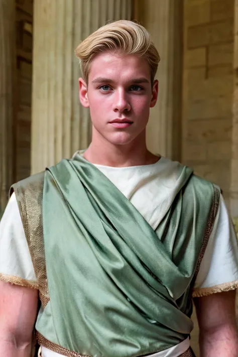 portrait of a handsome young man, roman emperor, blond hair, wearing roman emperor clothes, handsome boy, magnanimous, power, ru...